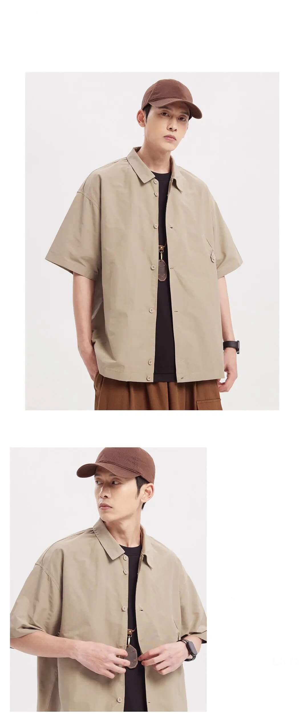 Khaki Cotton Shirt  Men’s Summer Retro Short Sleeve Mens Fashion Loose Button Up Top Streetwear Boys Coat Plus Size Xxl Shirts for Man in light tan brown