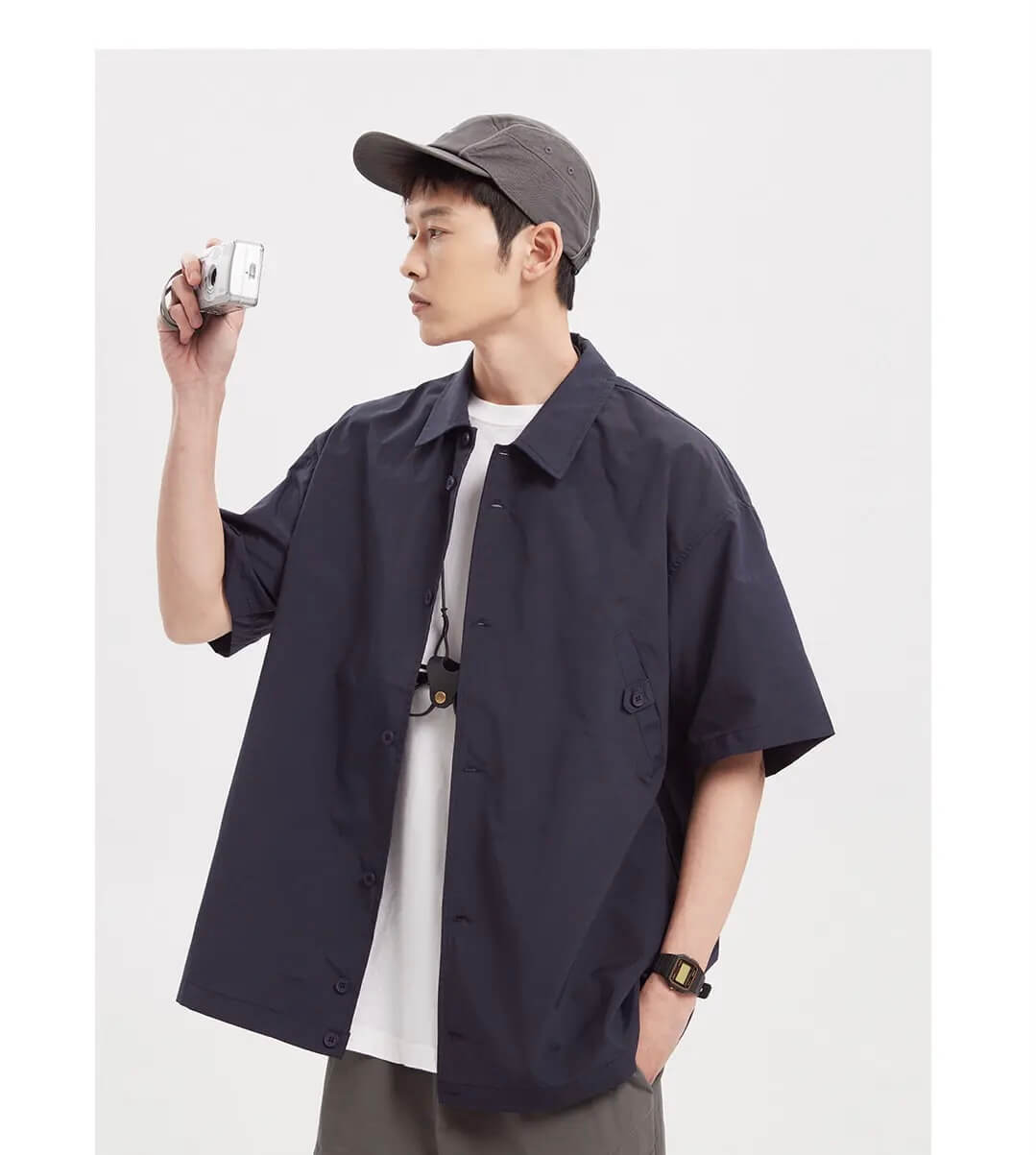 Khaki Cotton Shirt  Men’s Summer Retro Short Sleeve Mens Fashion Loose Button Up Top Streetwear Boys Coat Plus Size Xxl Shirts for Man in navy blue