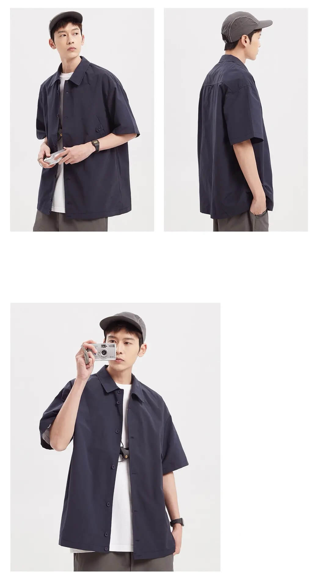 Khaki Cotton Shirt  Men’s Summer Retro Short Sleeve Mens Fashion Loose Button Up Top Streetwear Boys Coat Plus Size Xxl Shirts for Man in navy blue