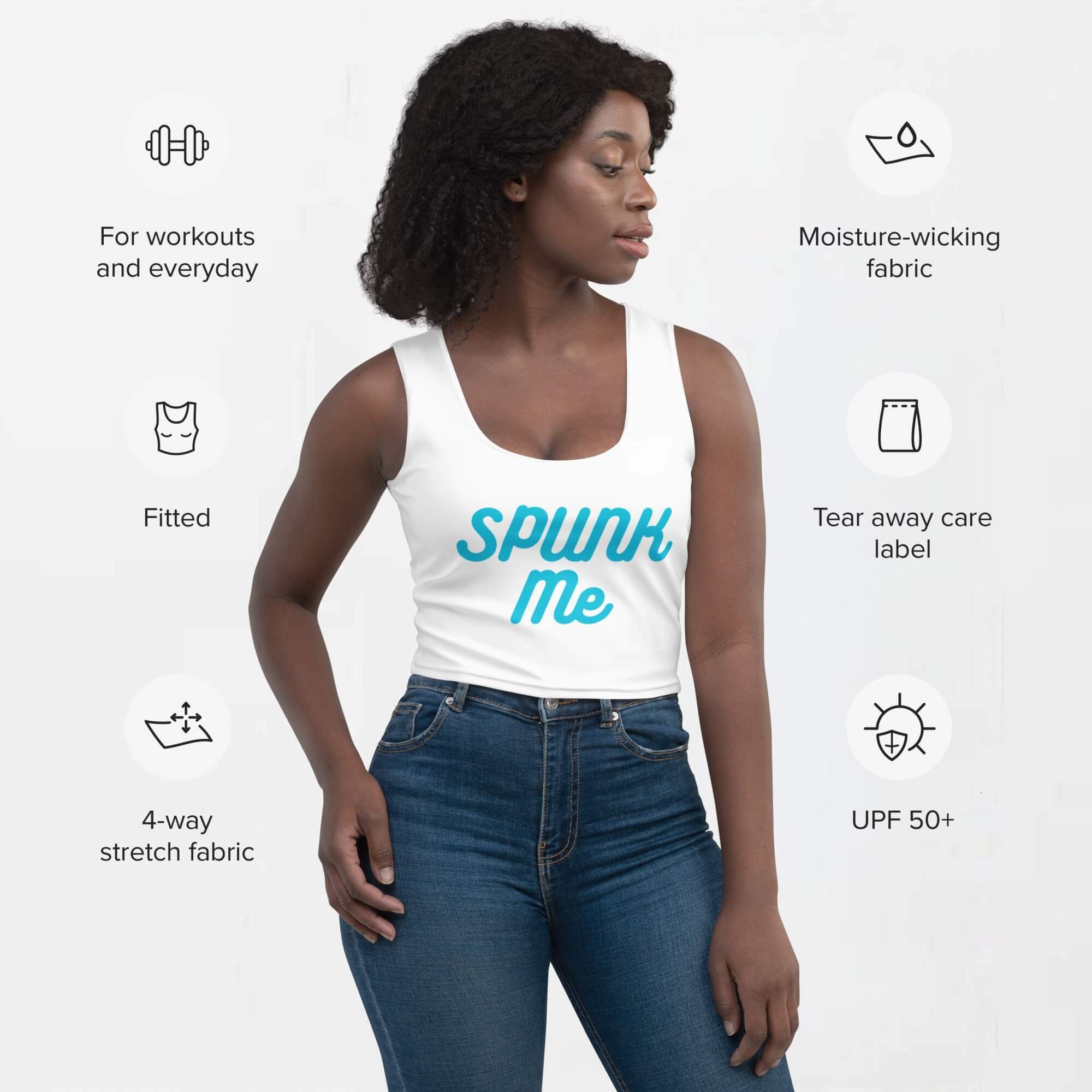 Graphic Crop Top   Women’s sleeveless sexual crewceck Spunk Me crop tops  for woman in white with blue letter print Petite tall plus size tees fitness sports round crew neck t-shirts womens gym yoga sex o-neck sportswear 