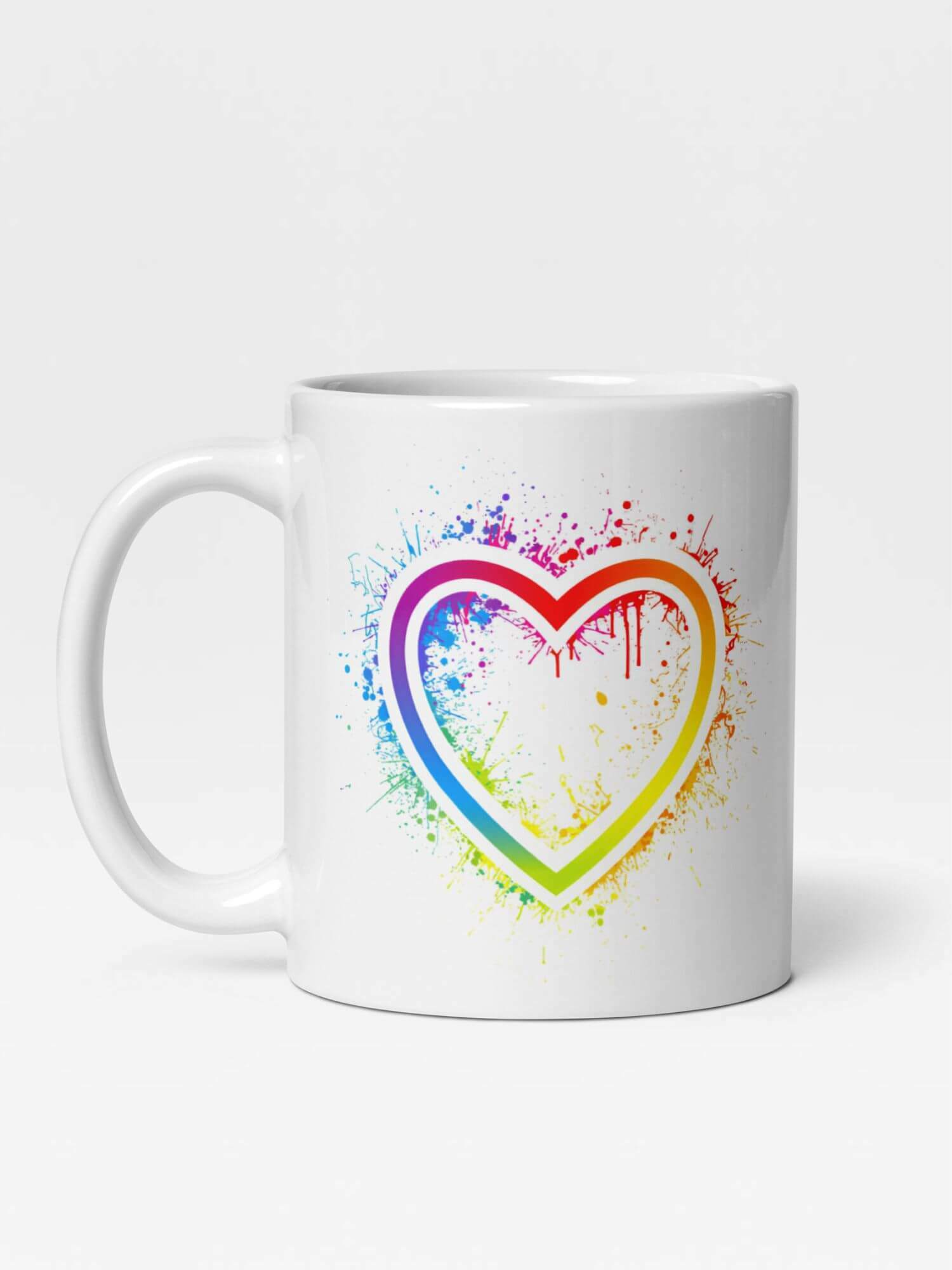 Glossy Splattered Paint Rainbow Heart Mug       Cartoon pride character drinks cup coffee, tea, juice, milk drinking cups miteigi branded product item tumblers ceramics in white with multicolor pattern Ceramic Anime Gifts rainbows lgbtqia love hearts pride mugs