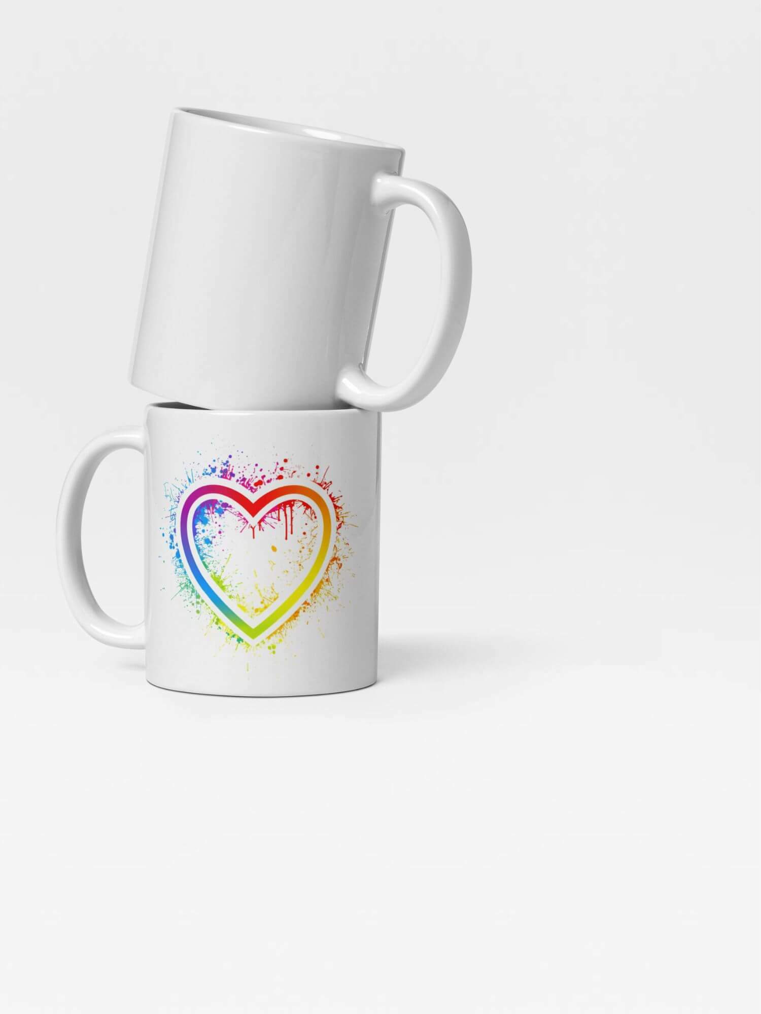 Glossy Splattered Paint Rainbow Heart Mug       Cartoon pride character drinks cup coffee, tea, juice, milk drinking cups miteigi branded product item tumblers ceramics in white with multicolor pattern Ceramic Anime Gifts rainbows lgbtqia love hearts pride mugs