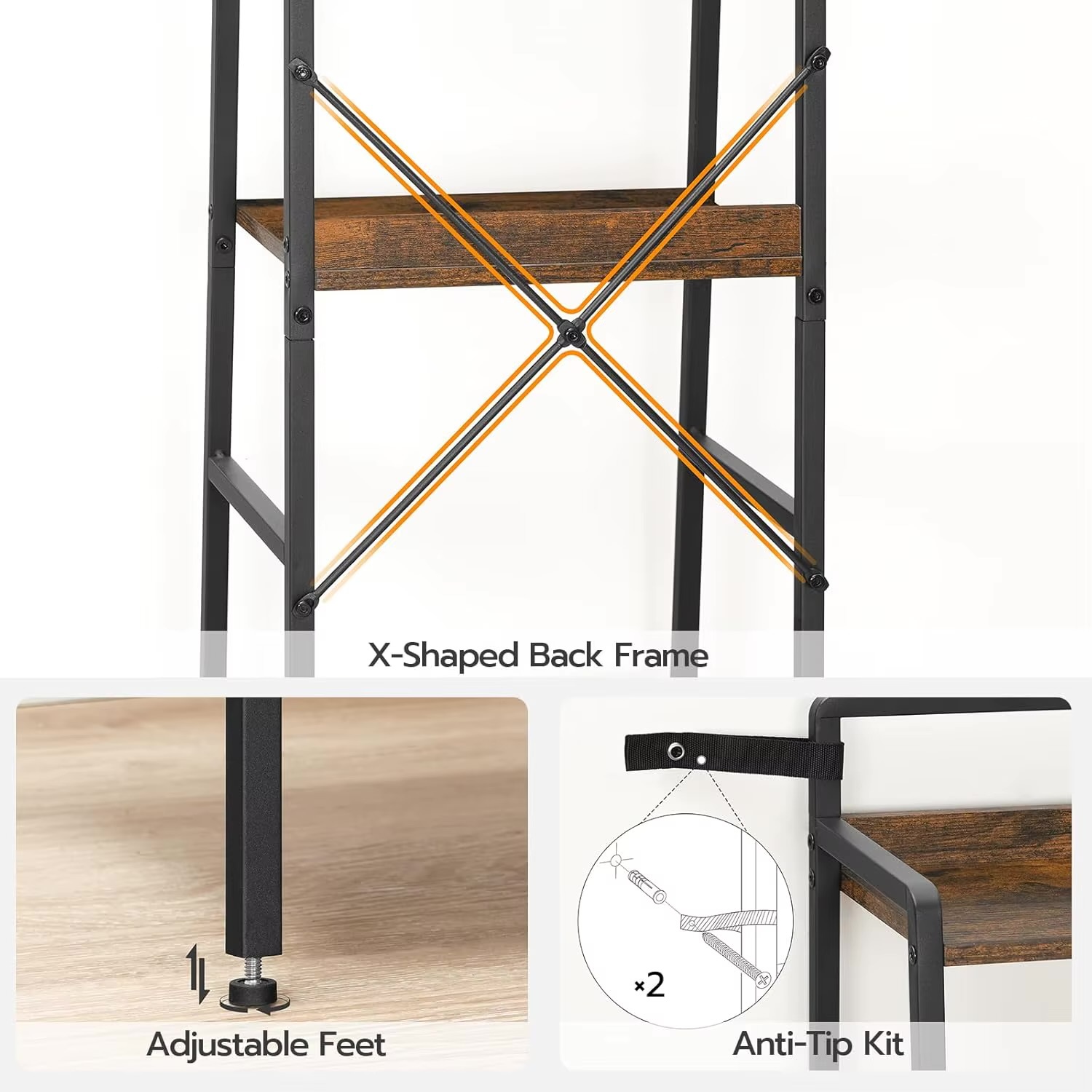 Home Office Ladder Shelf Tall Narrow Bookcase 5-Tier Book Shelf with Metal Frame Tall Storage Shelf Industrial Storage Unit Bookcases shelving furniture in natural dark brown with black