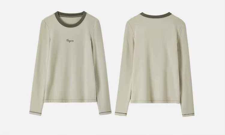 Spliced Crewneck T-Shirt     Women’s slim fit cotton-blend knitted Sanguine Letter printing round O-neck long sleeves T-Shirts for woman in light olive green with dark green banded accent trim tees Fall Autumn Winter Spring fashion womens office wfh workwear pullover crew neck tops #144T56793
