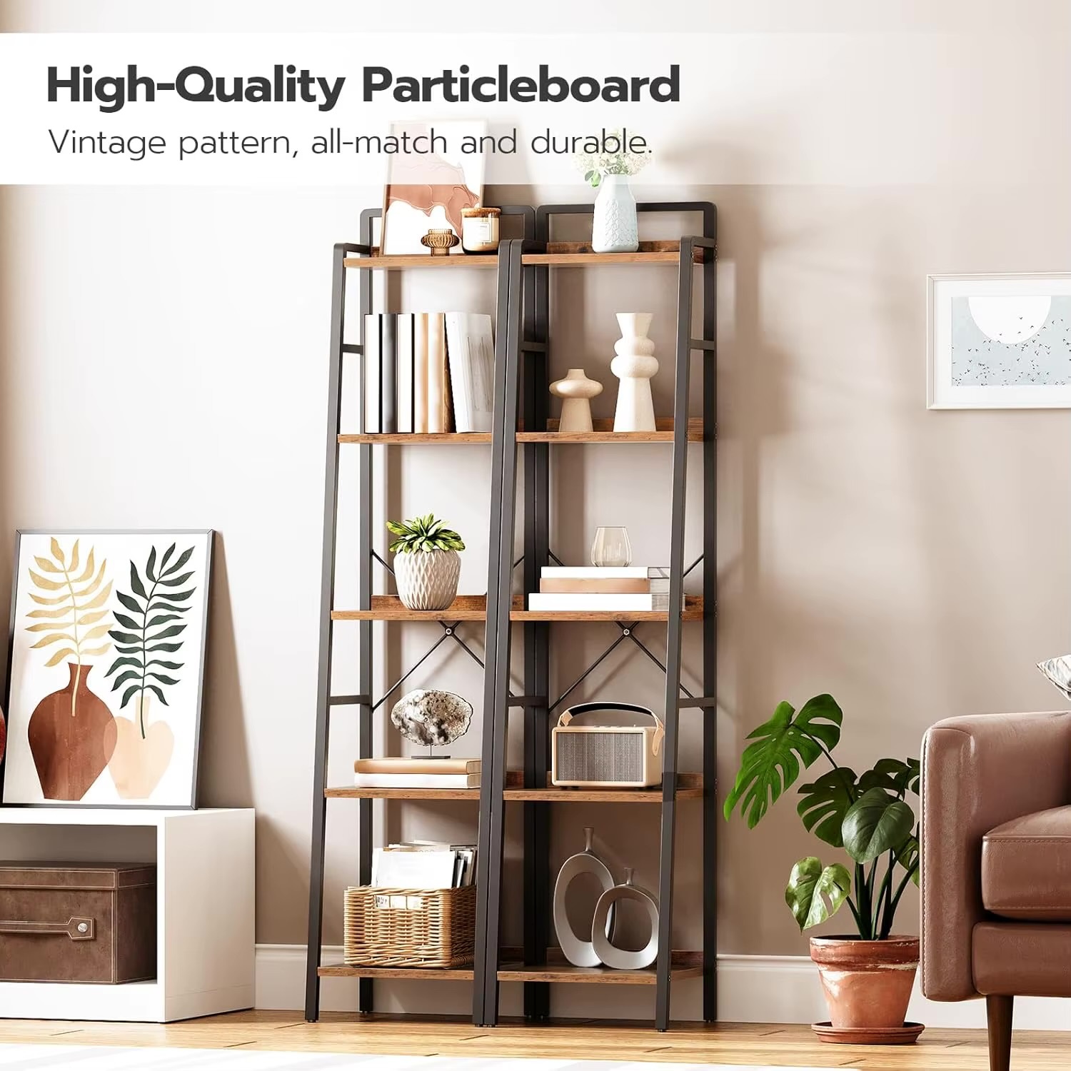 Home Office Ladder Shelf Tall Narrow Bookcase 5-Tier Book Shelf with Metal Frame Tall Storage Shelf Industrial Storage Unit Bookcases shelving furniture in natural dark brown with black