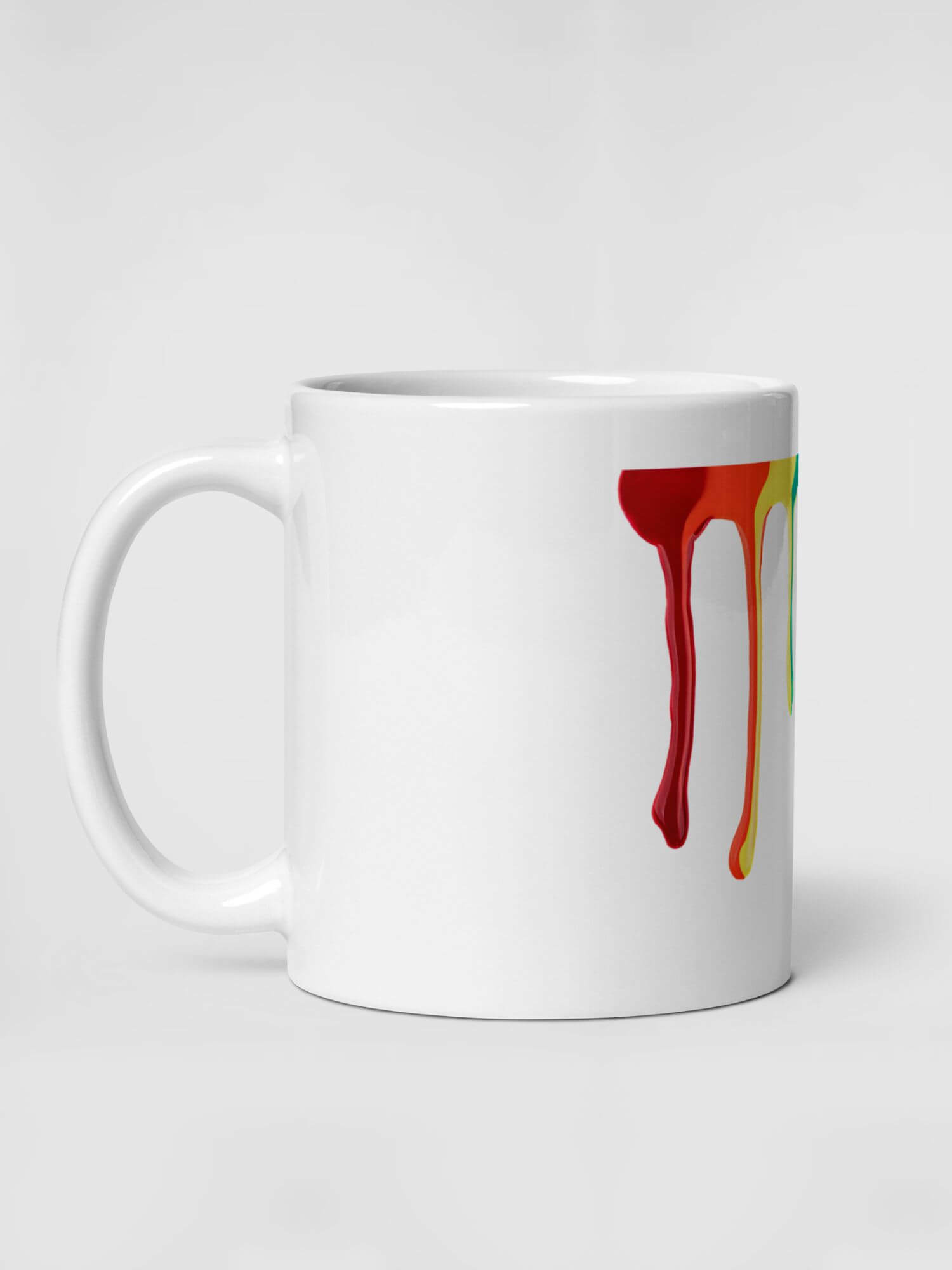 Glossy Paint Drip Mug       Cartoon pride character drinks cup coffee, tea, juice, milk drinking cups miteigi branded product item tumblers ceramics in white with multicolor pattern Ceramic Anime Gifts rainbows lgbtqia dripping pride mugs