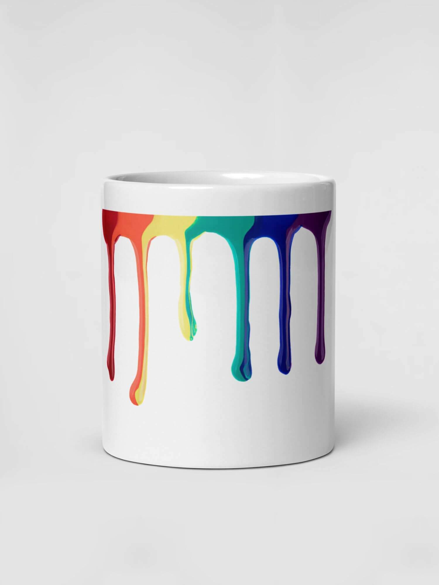 Glossy Paint Drip Mug       Cartoon pride character drinks cup coffee, tea, juice, milk drinking cups miteigi branded product item tumblers ceramics in white with multicolor pattern Ceramic Anime Gifts rainbows lgbtqia dripping pride mugs