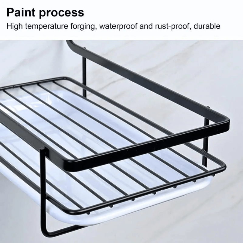 Towel Rack with Sponge Holder   3-Towel rods sink soap brush cleaning cloth caddy racks Adhesive wall mounted Kitchen Bathroom skinks organizers with drain tray in black with white accent color