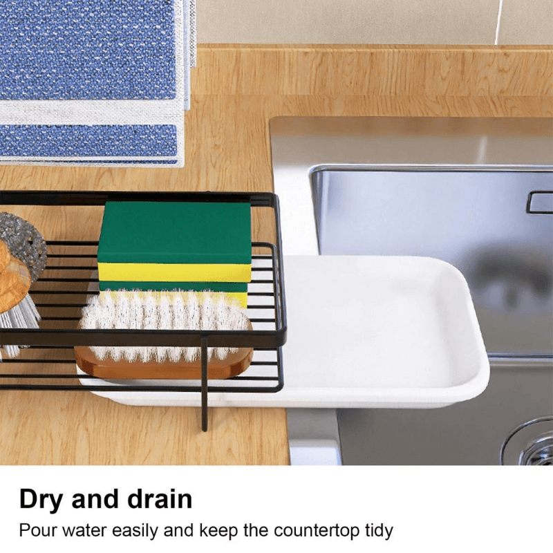 Towel Rack with Sponge Holder   3-Towel rods sink soap brush cleaning cloth caddy racks Adhesive wall mounted Kitchen Bathroom skinks organizers with drain tray in black with white accent color