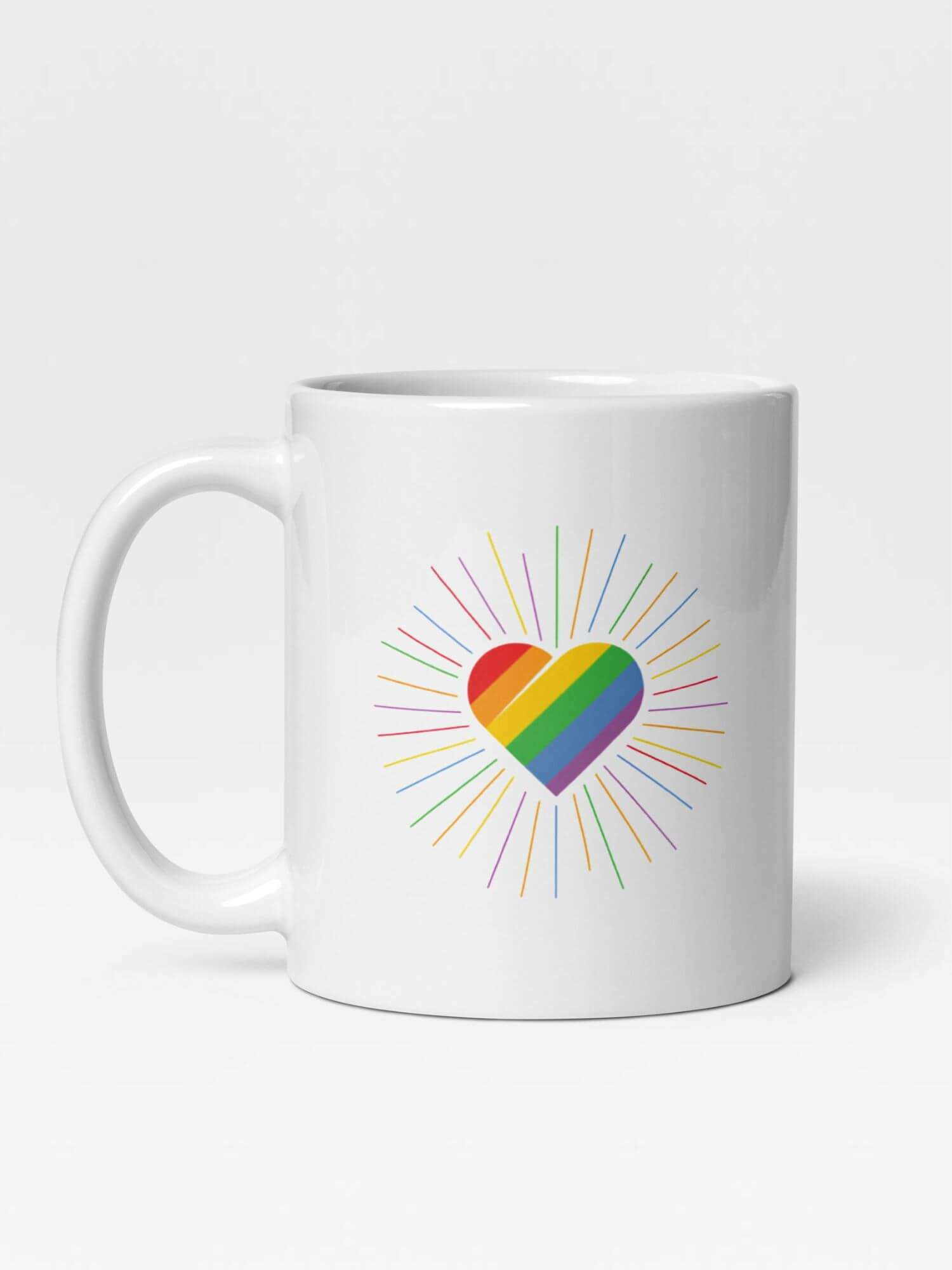 Glossy Valentine’s Day Rainbow Heart Mug        Cartoon romantic pride character drinks cup coffee, tea, juice, milk drinking cups miteigi branded product item tumblers ceramics in white with multicolor pattern Ceramic Anime Gifts rainbows lgbtqia romance love hearts pride mugs