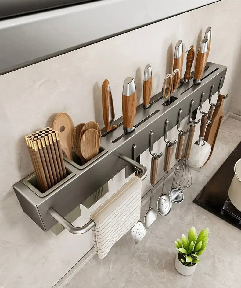 Stainless Steel Utility Rack    Multi-functional No-drilling Knife Holders Storage Chopsticks Utensils Basket Chopsticks Tube Wall-mounted Racks in gun Gray grey