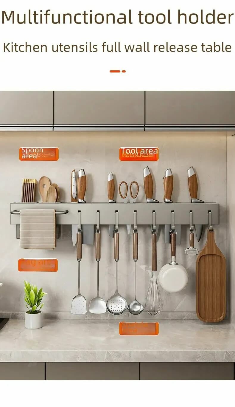 Stainless Steel Utility Rack    Multi-functional No-drilling Knife Holders Storage Chopsticks Utensils Basket Chopsticks Tube Wall-mounted Racks in gun Gray grey