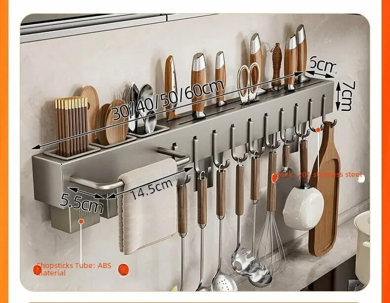 Stainless Steel Utility Rack    Multi-functional No-drilling Knife Holders Storage Chopsticks Utensils Basket Chopsticks Tube Wall-mounted Racks in gun Gray grey
