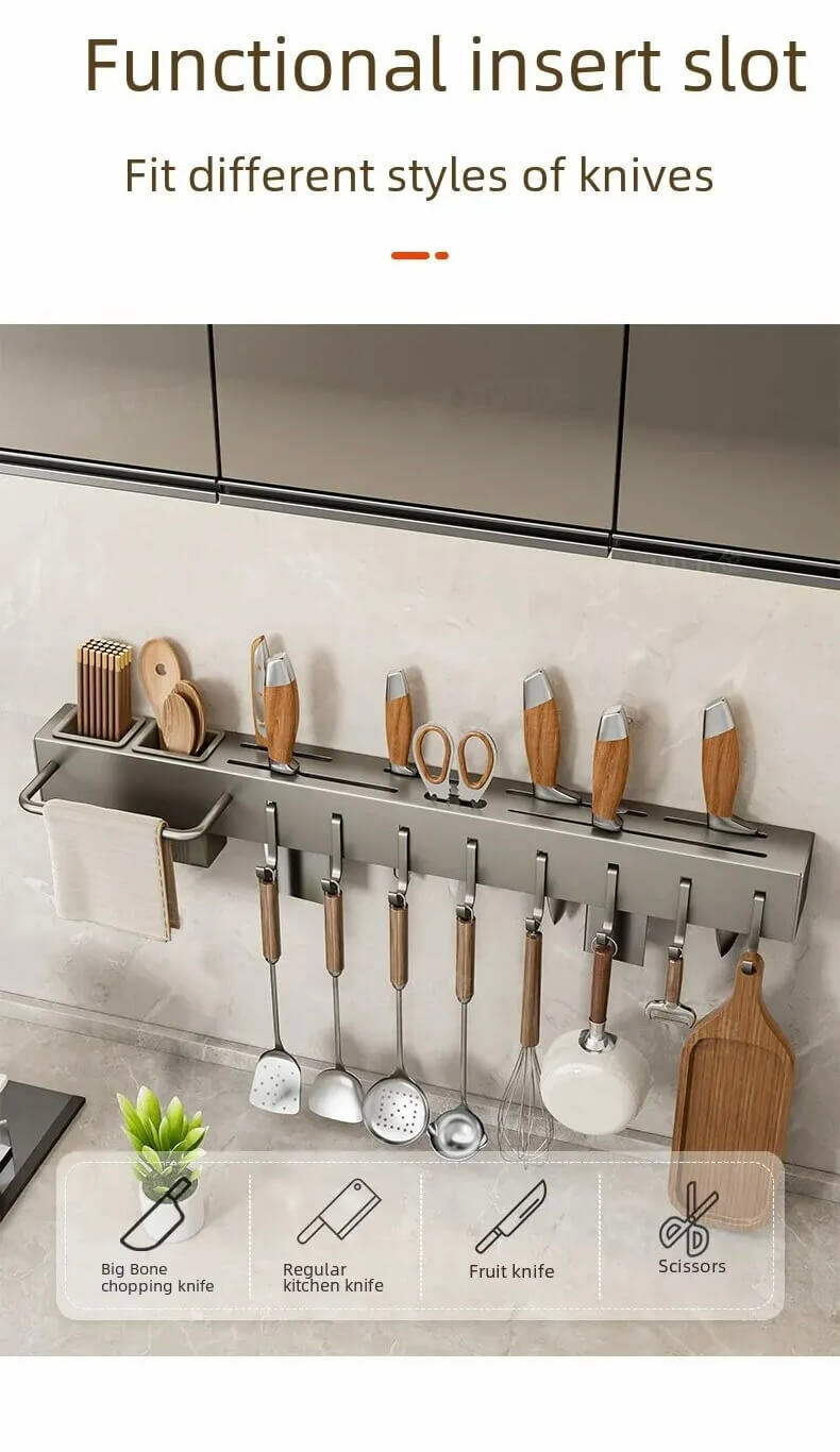 Stainless Steel Utility Rack    Multi-functional No-drilling Knife Holders Storage Chopsticks Utensils Basket Chopsticks Tube Wall-mounted Racks in gun Gray grey