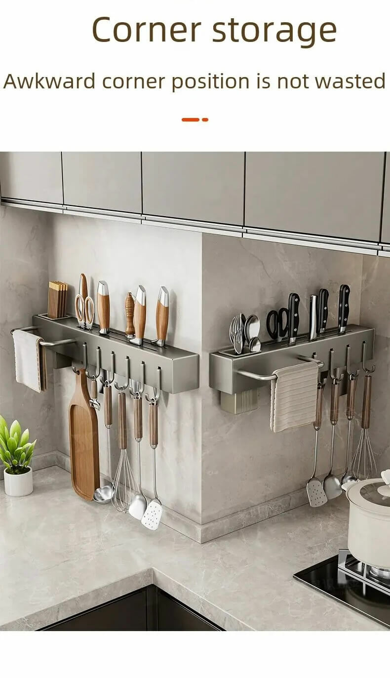 Stainless Steel Utility Rack    Multi-functional No-drilling Knife Holders Storage Chopsticks Utensils Basket Chopsticks Tube Wall-mounted Racks in gun Gray grey