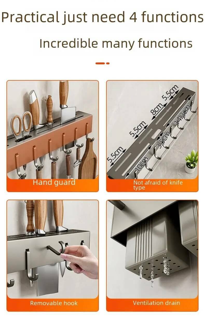 Stainless Steel Utility Rack    Multi-functional No-drilling Knife Holders Storage Chopsticks Utensils Basket Chopsticks Tube Wall-mounted Racks in gun Gray grey