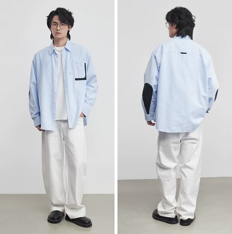 Men&rsquo;s man mens petite-, tall-, plus-, size Spliced ​​chest Pocket Oxford Striped Long Sleeves with drop shoulders button up Shirt Spring Summer Lapel Loose Shirts Jacket Size M-2XL in light blue stripes
