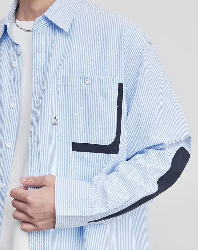 Men&rsquo;s man mens petite-, tall-, plus-, size Spliced ​​chest Pocket Oxford Striped Long Sleeves with drop shoulders button up Shirt Spring Summer Lapel Loose Shirts Jacket Size M-2XL in light blue stripes