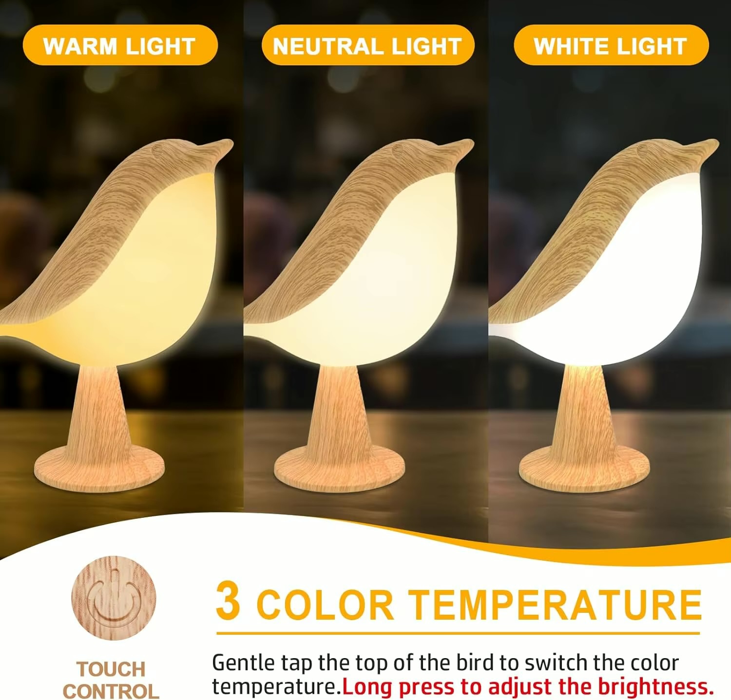 Office Home Restaurant  LED Touch-Control  Bird Lamp - Art Deco, 3-Levels Dimmable, USB-Cordless with Rechargeable Battery, Versatile for All Rooms in natural light brown white