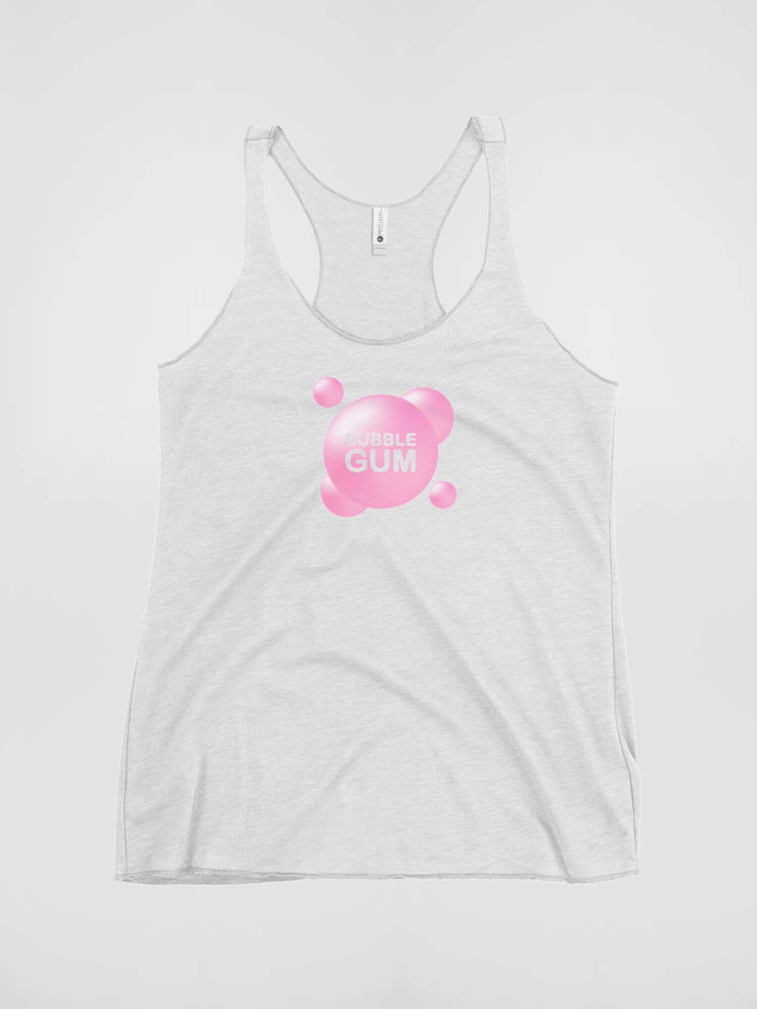 Scoopneck Racerback Tank Top     Genderful Unisex Anywear Bubble Gum letter in pink bubbles low v-neck Men’s Women’s sleeveless tops T-shirts for petite-, tall-, plus-, size man woman in white with pink pattern MiteigiYūki fitness gym running sports mens womens low neck tees tops sportswear