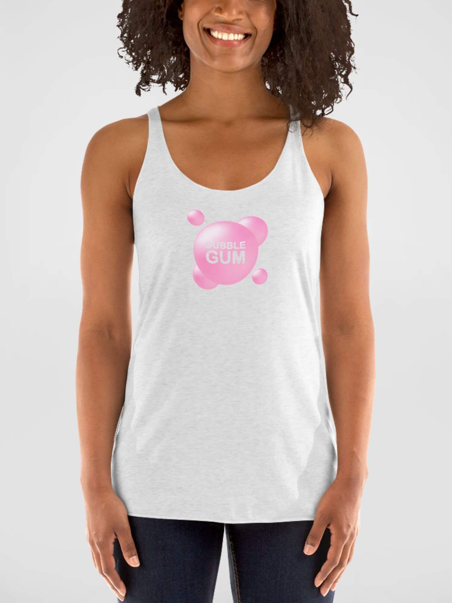 Scoopneck Racerback Tank Top     Genderful Unisex Anywear Bubble Gum letter in pink bubbles low v-neck Men’s Women’s sleeveless tops T-shirts for petite-, tall-, plus-, size man woman in white with pink pattern MiteigiYūki fitness gym running sports mens womens low neck tees tops sportswear