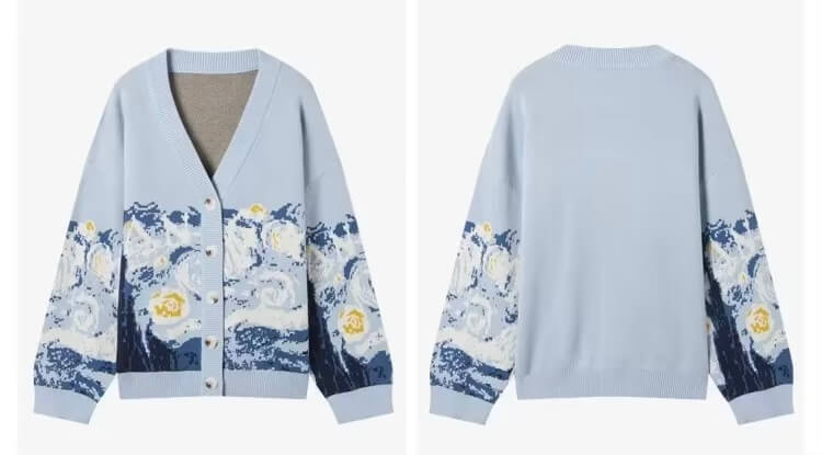 Women’s woman womens Classic French look Art Retro Lazy Style Van Gogh Knitted Sweater Autumn Fall Winter High-end Knitted long-sleeves button-up close v-neck ribbed graphic pattern Top V-Neck Chunky Cardigans in blue with multi
