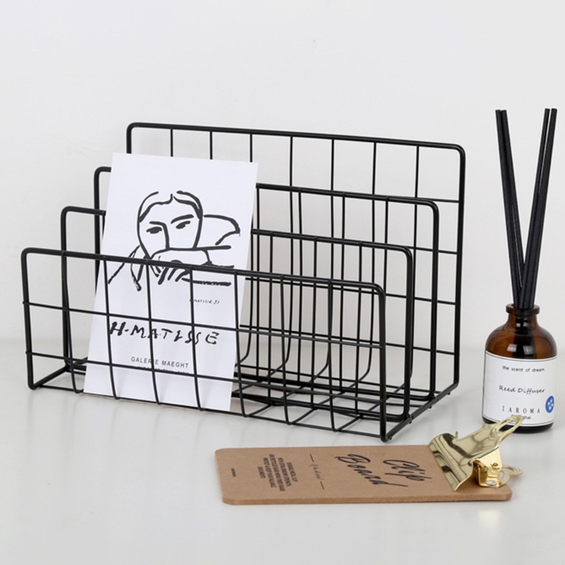 Desktop Organizer Rack  Small file holders Mail letter containers Entranceway Wrought Iron collection storage for documents, filing, folders paper Foyer entryway Study room desk organizers in black