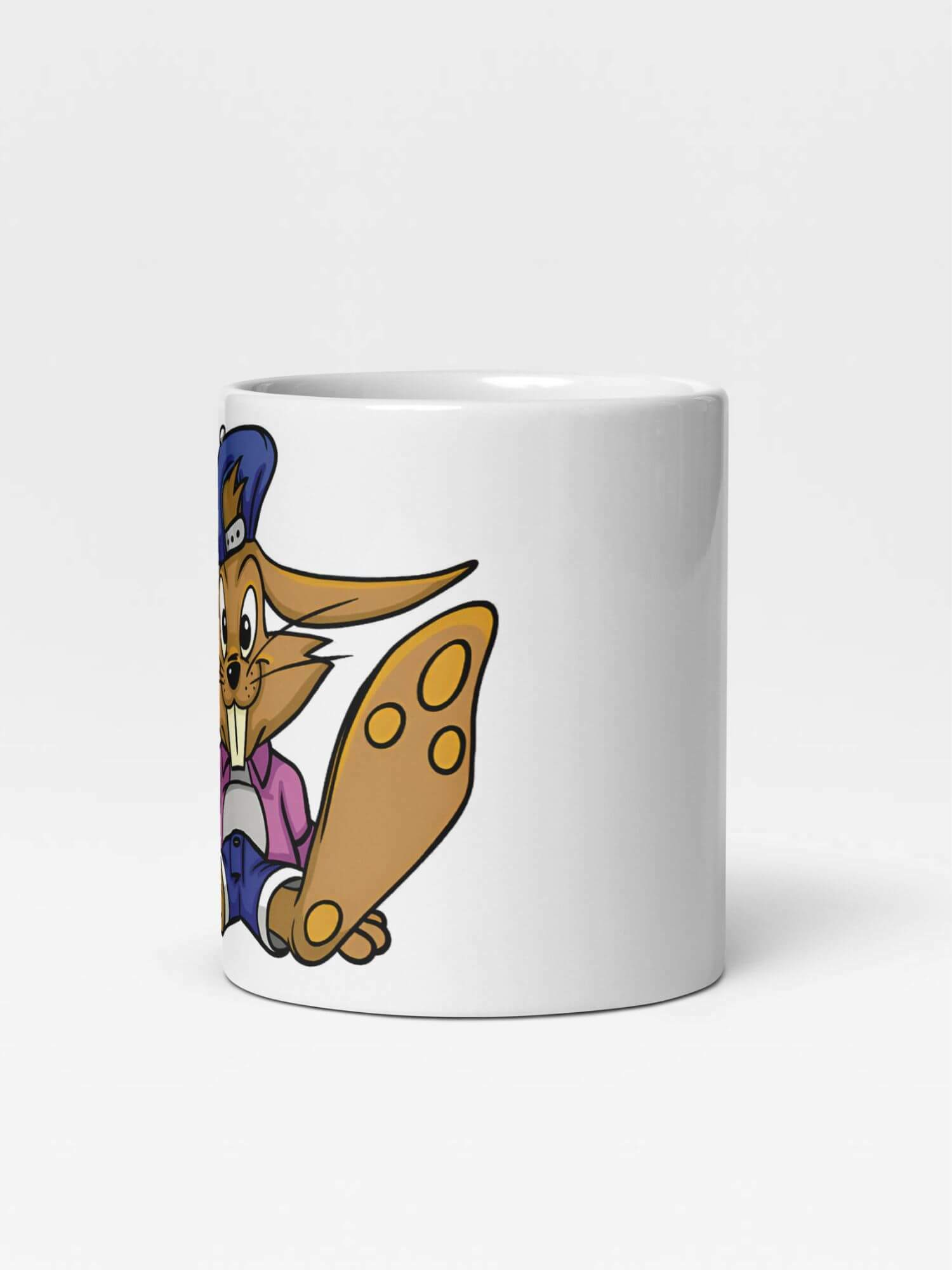 Glossy Bunny Boy Mug      Cartoon rabbit animal character drinks cup coffee, tea, juice, milk drinking cups miteigi branded product item tumblers ceramics in white with blue multicolor pattern Ceramic Anime Gifts boys rabbits generation Japanese mugs