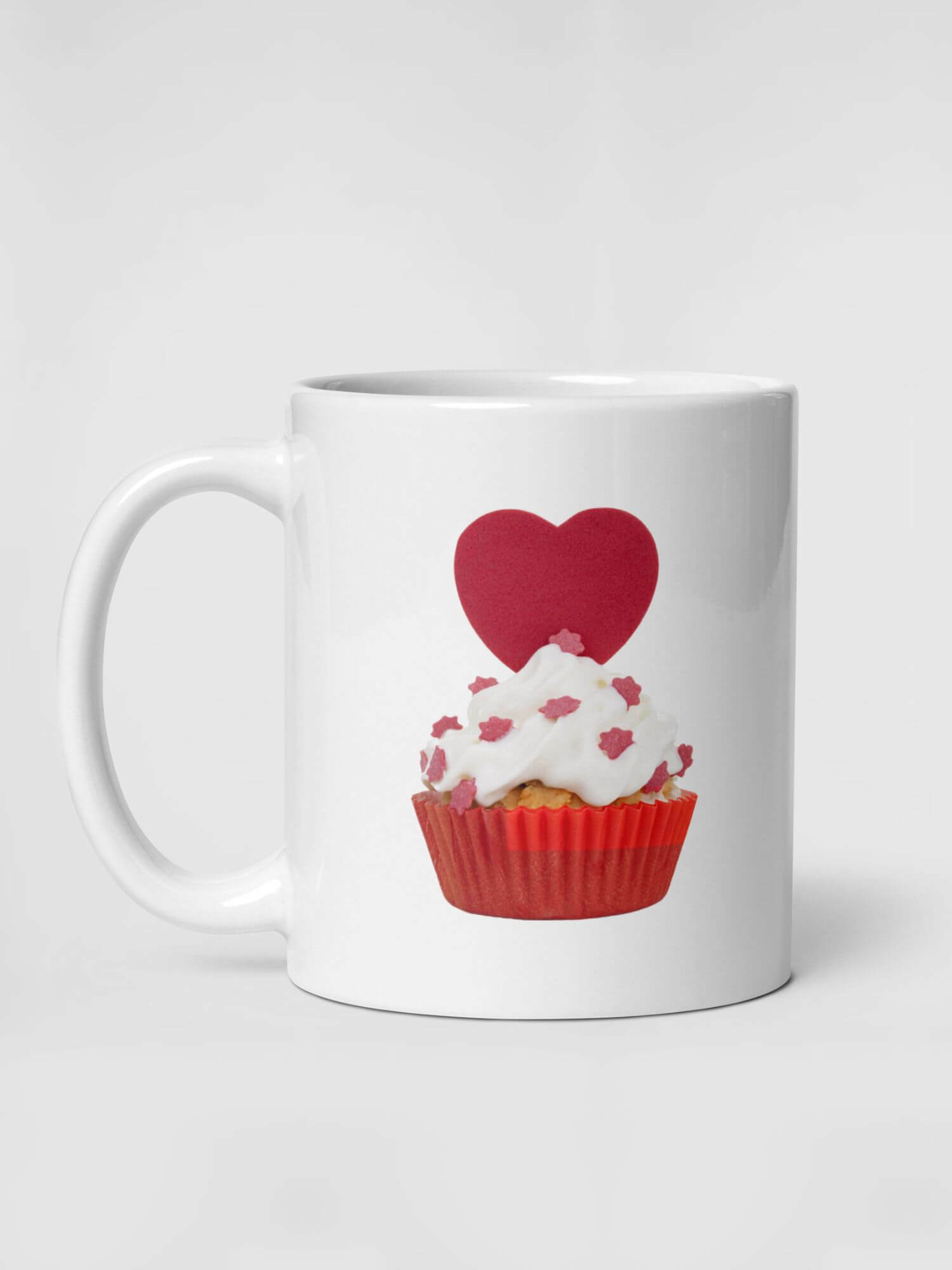 Glossy Cup Cake Heart Mug      Cartoon baking character drinks cup coffee, tea, juice, milk drinking cups miteigi branded product item tumblers ceramics in white with red multicolor pattern Ceramic Anime Gifts bakery love hearts sprinkles cream cakes mugs