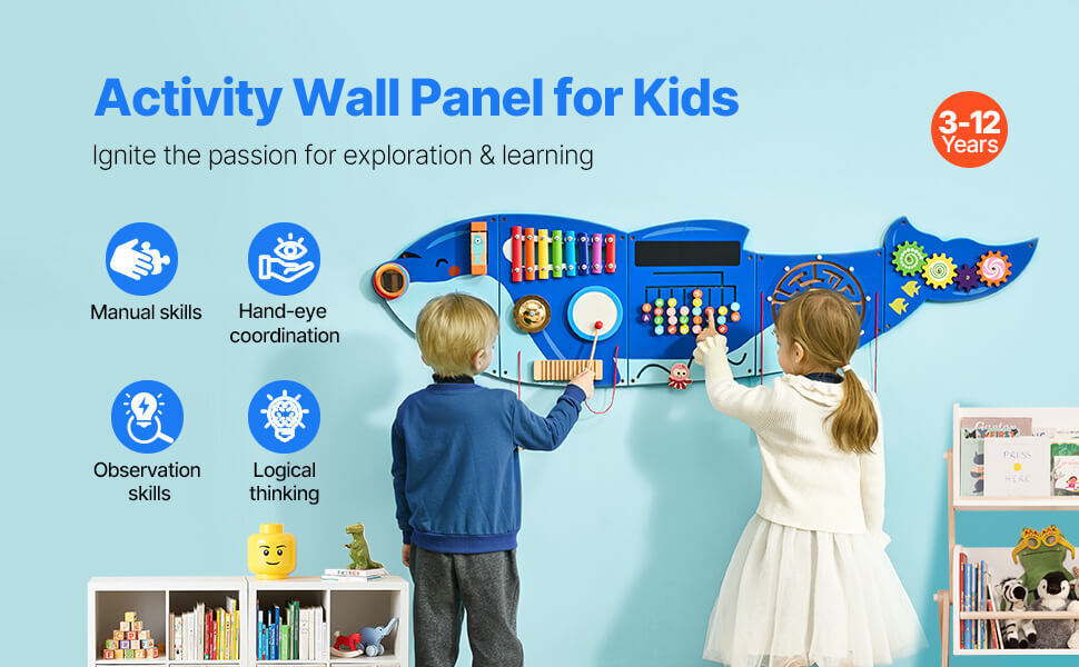 Orca Whale Kids Busy 12 Activities Hanging Panels Montessori Sensory Educational Teaching Toys for Toddler 3-12 Years Wall Busy Board Play Toys in blue with multi color Learning