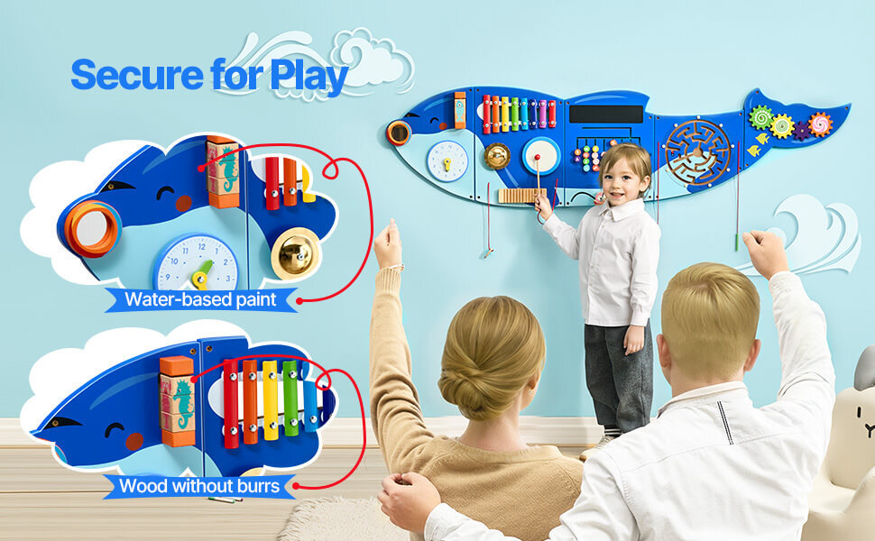 Orca Whale Kids Busy 12 Activities Hanging Panels Montessori Sensory Educational Teaching Toys for Toddler 3-12 Years Wall Busy Board Play Toys in blue with multi color Learning
