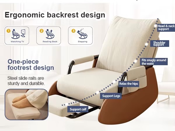 Office home Upholstered Glider Rocking Chair with High Backrest, Adjustable Footrest & Side Pockets for Indoor Study-, Living-, Room in beige cream