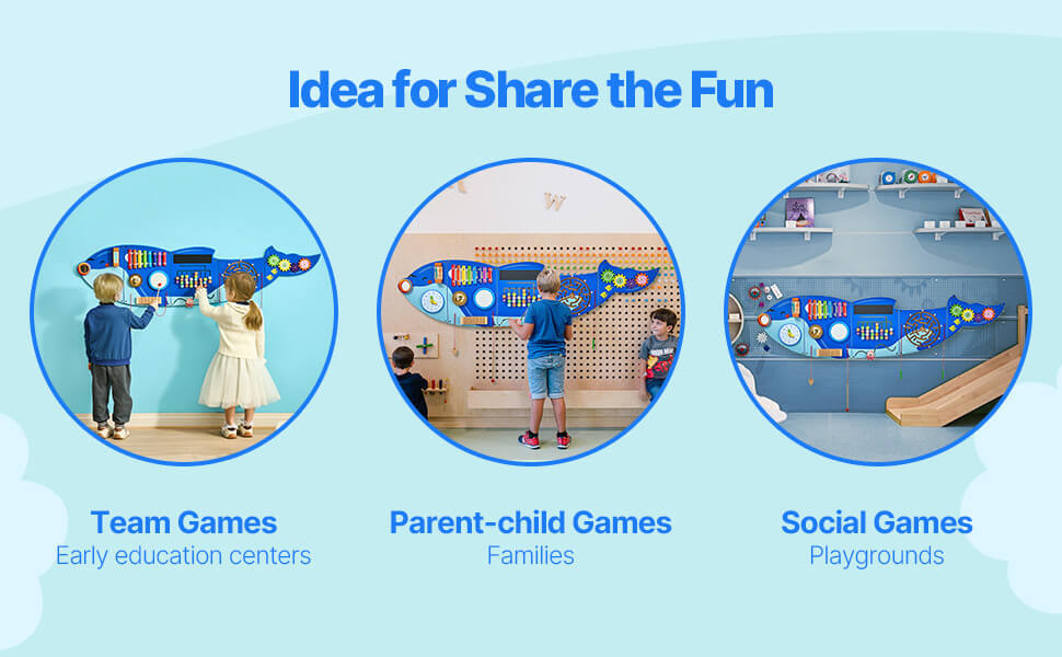 Orca Whale Kids Busy 12 Activities Hanging Panels Montessori Sensory Educational Teaching Toys for Toddler 3-12 Years Wall Busy Board Play Toys in blue with multi color Learning
