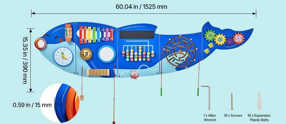 Orca Whale Kids Busy 12 Activities Hanging Panels Montessori Sensory Educational Teaching Toys for Toddler 3-12 Years Wall Busy Board Play Toys in blue with multi color Learning