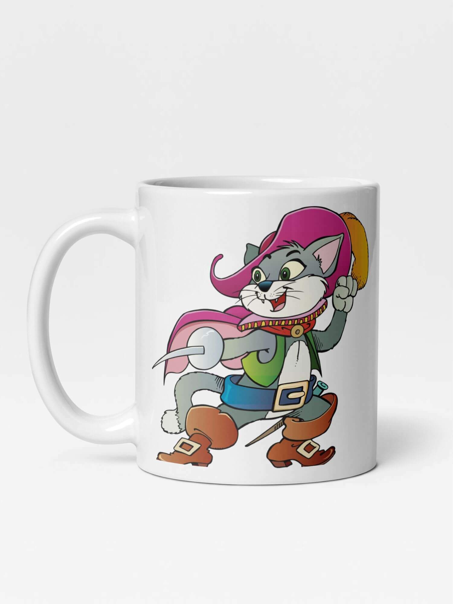 Glossy Cat-Musketeer Mug      Cartoon France country cats animal character drinks cup coffee, tea, juice, milk drinking cups miteigi branded product item tumblers ceramics in white with pink multicolor pattern Ceramic Anime Gifts boys French swashbuckling musketeer mugs