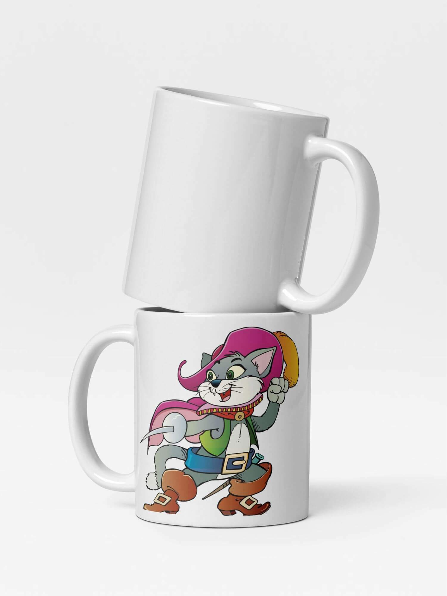 Glossy Cat-Musketeer Mug      Cartoon France country cats animal character drinks cup coffee, tea, juice, milk drinking cups miteigi branded product item tumblers ceramics in white with pink multicolor pattern Ceramic Anime Gifts boys French swashbuckling musketeer mugs