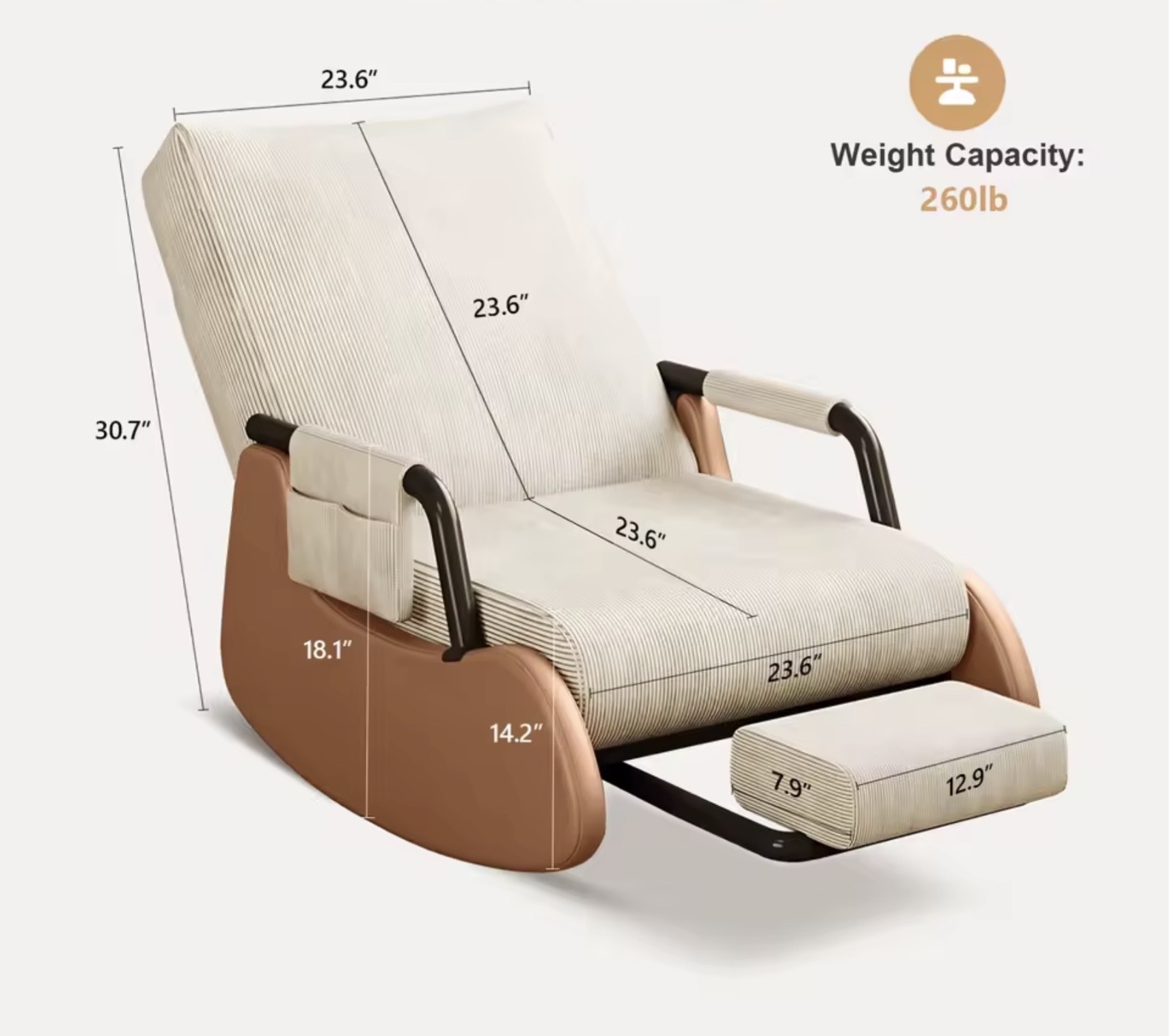 Office home Upholstered Glider Rocking Chair with High Backrest, Adjustable Footrest & Side Pockets for Indoor Study-, Living-, Room in beige cream