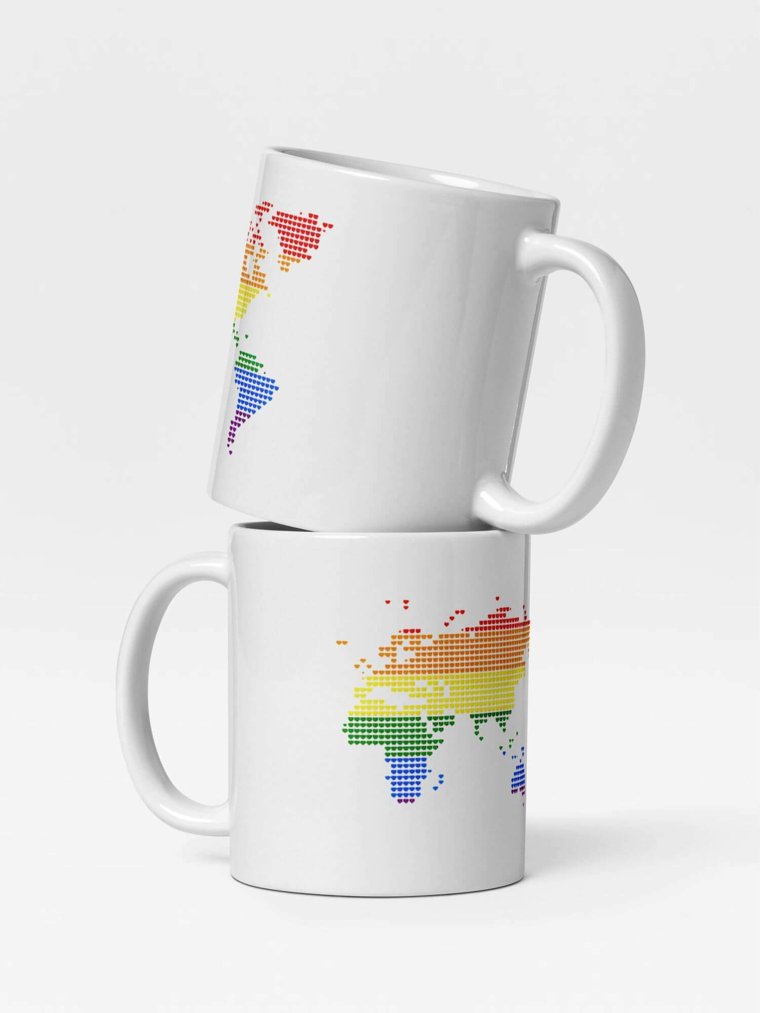 Glossy World Hearts Mug      Cartoon rainbow maps character drinks cup coffee, tea, juice, milk drinking cups miteigi branded product item tumblers ceramics in white with multicolor pattern Ceramic Anime Gifts love heart rainbows mugs