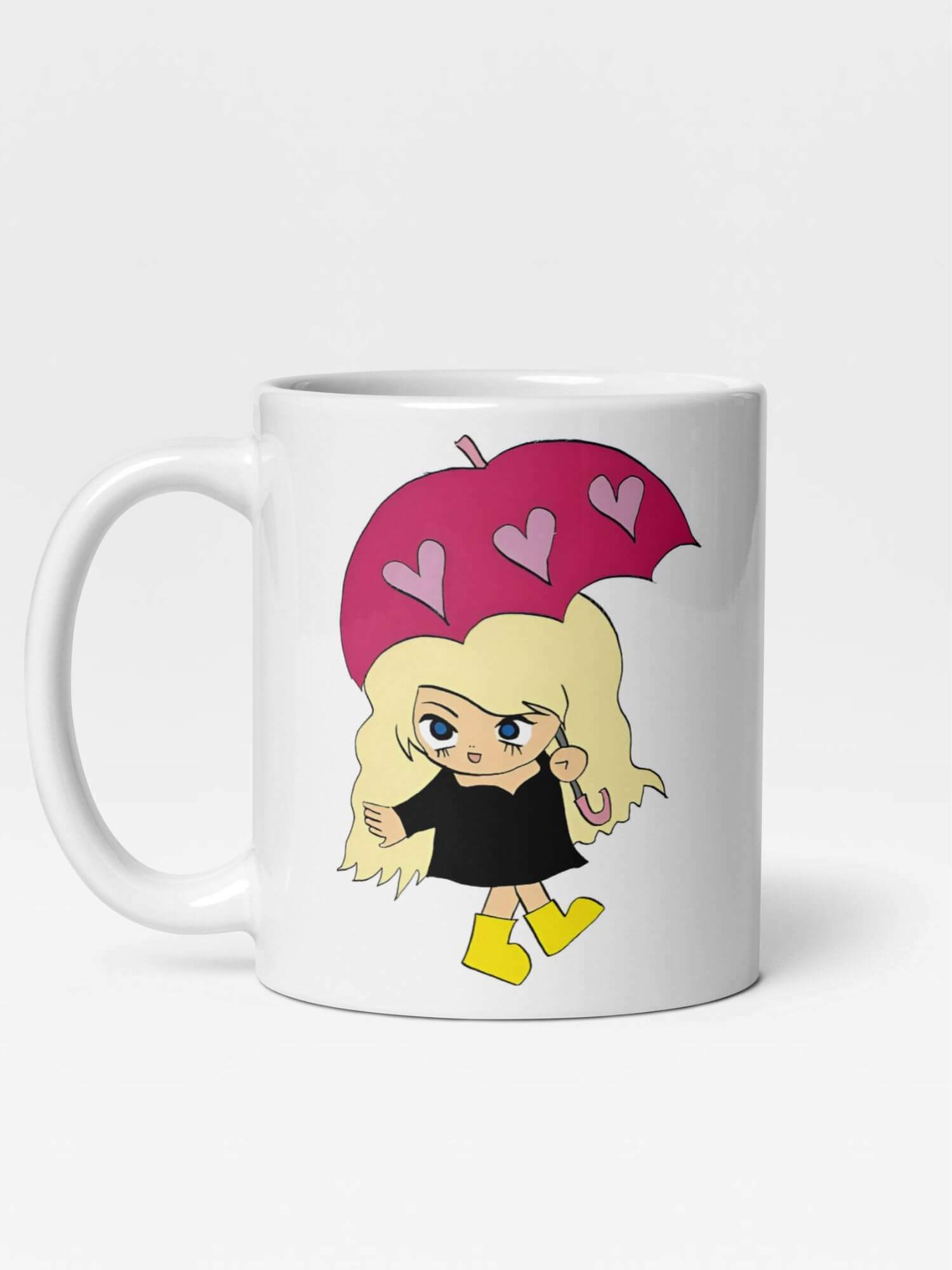 Glossy Umbrella Girl Mug       Japan Cartoon character drinks cup coffee, tea, juice, milk drinking cups miteigi branded product item tumblers ceramics in white with pink yellow multicolor pattern Ceramic Anime Gifts girls umbrellas Japanese souvenirs mugs