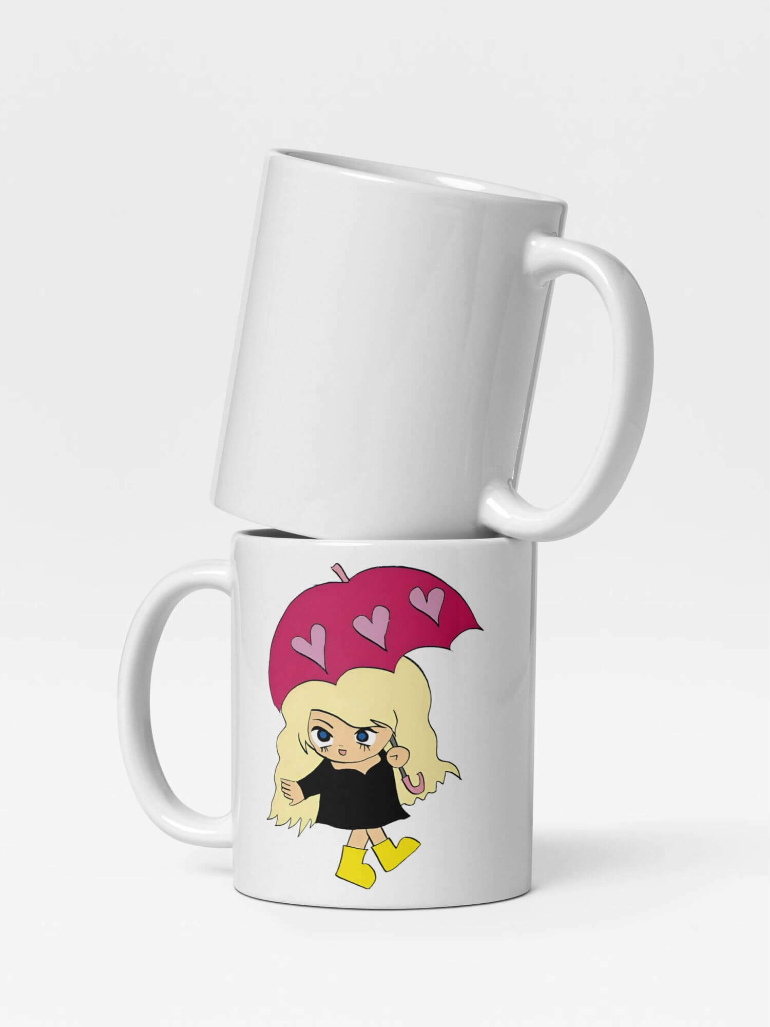 Glossy Umbrella Girl Mug       Japan Cartoon character drinks cup coffee, tea, juice, milk drinking cups miteigi branded product item tumblers ceramics in white with pink yellow multicolor pattern Ceramic Anime Gifts girls umbrellas Japanese souvenirs mugs