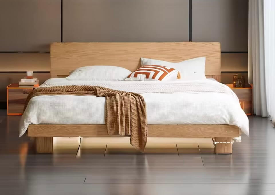 Modern Oak Wood King Bed Nordic Norway Scandinavia Scandinavian Norwegian style fashion Style Night Light Original Factory Oak Wood King Bed With Storage For Bedrooms