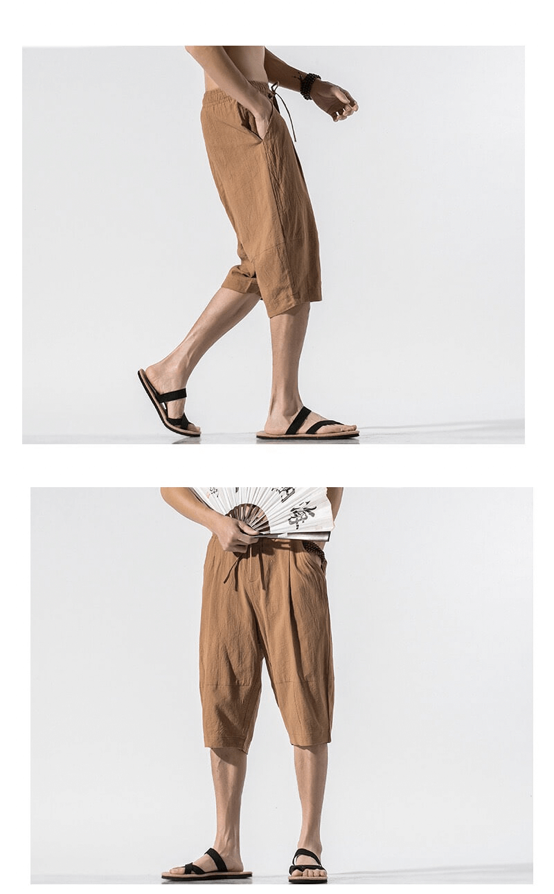 Short Cropped Pants in Cotton-Linen   Men’s Summer Cotton Linen Chinese Style Loose Breathable Casual Lace Up Plus Size 4xl 5xl Shorts for Man in camel color