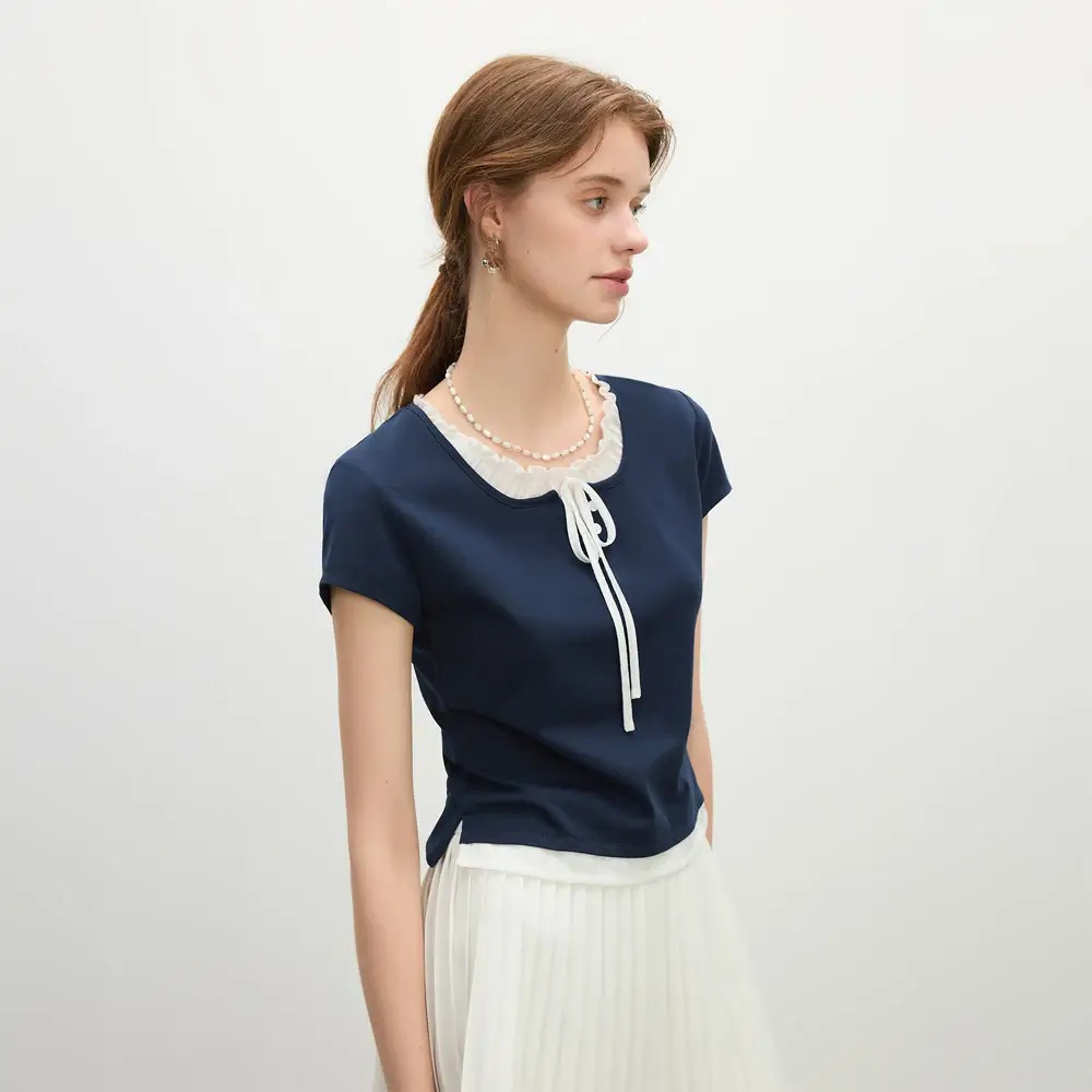 Women’s Pique-Parisien French Look Sweet square boatneck ruffles short sleeves Age-reducing Fake Two-Piece T-Shirt for Woman in navy blue with white Womens Summer Korean Style Simple Tops Bow-tie Lace-up ruffled petite-, tall-  plus-, size T-shirts #25FS12223