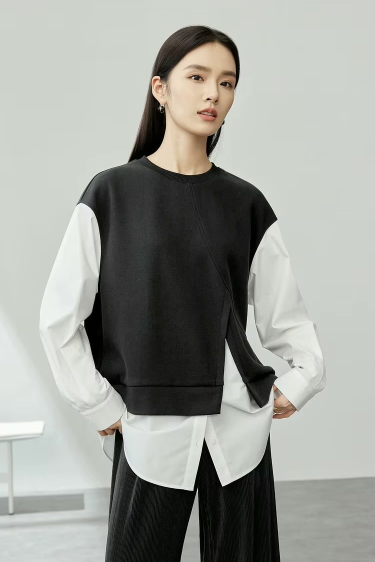 Crewneck Sweatshirt 2-in-1      Women’s contrast patchwork long sleeves Tops  for woman in black and white accents Spring round O-neck female pullover petite-  plus-, size womens crew neck oversized sweatshirts #141A53791