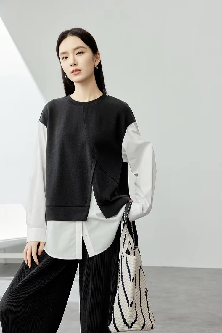 Crewneck Sweatshirt 2-in-1      Women’s contrast patchwork long sleeves Tops  for woman in black and white accents Spring round O-neck female pullover petite-  plus-, size womens crew neck oversized sweatshirts #141A53791