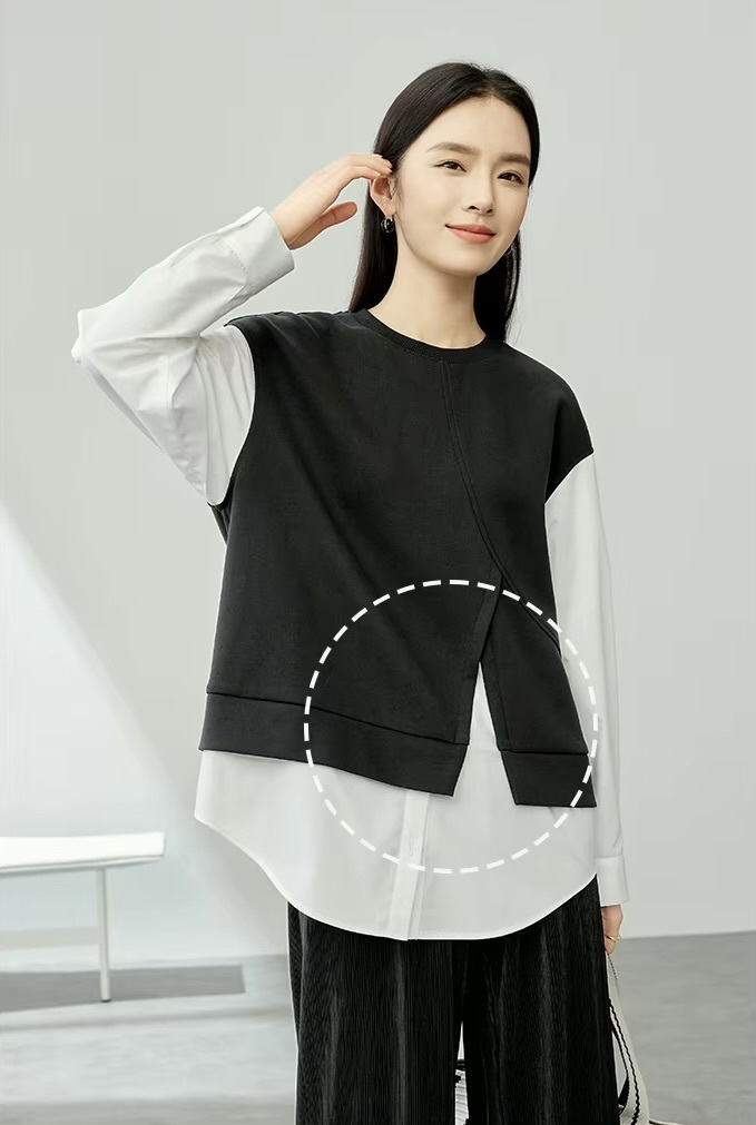 Crewneck Sweatshirt 2-in-1      Women’s contrast patchwork long sleeves Tops  for woman in black and white accents Spring round O-neck female pullover petite-  plus-, size womens crew neck oversized sweatshirts #141A53791
