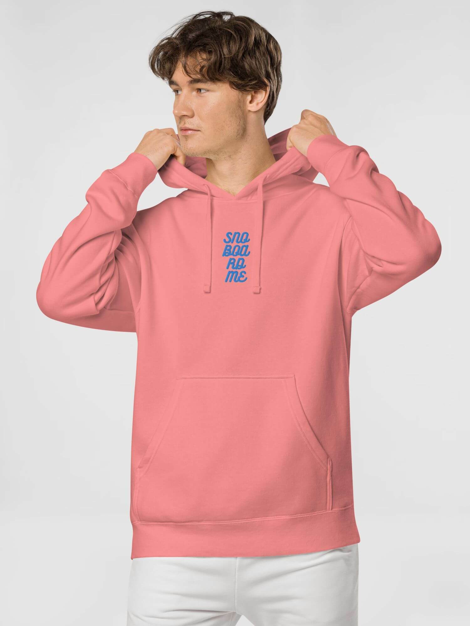 Pigment-Dyed Sweatshirt     Unisex Anywear Men’s Women’s long sleeves hooded kanga pouch sweatshirts for tall plus size man woman in pink with light blue letter pattern MiteigiYūki fitness gym running sports mens womens sportswear