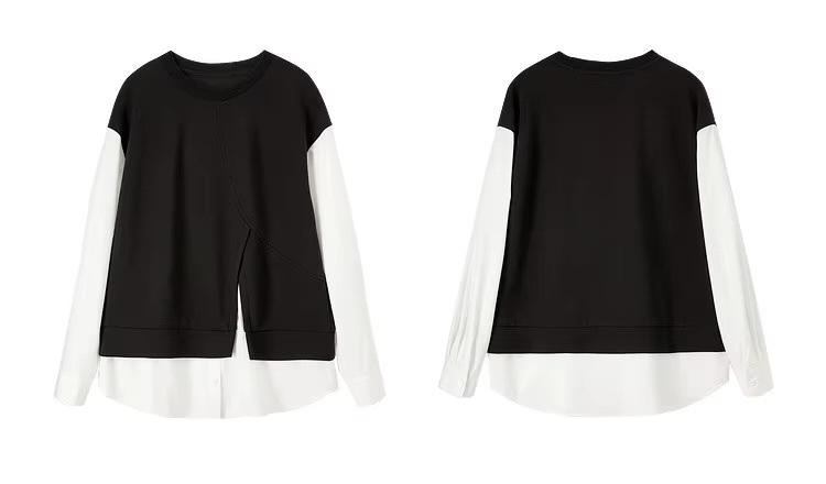 Crewneck Sweatshirt 2-in-1      Women’s contrast patchwork long sleeves Tops  for woman in black and white accents Spring round O-neck female pullover petite-  plus-, size womens crew neck oversized sweatshirts #141A53791