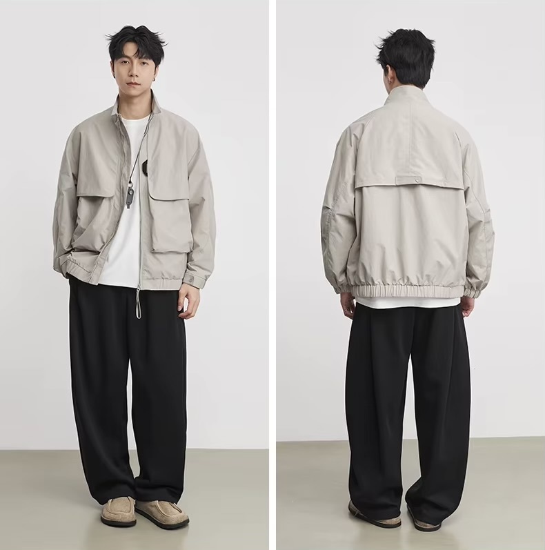 Men&rsquo;s man mens petite-, tall-, plus-, size American Trendy Brand Double Pocket Stand Collar Cargo Jacket Spring Summer Autumn Fall Sports Windbreaker Outerwear Sportswear outdoor camping Outwear in apricot white