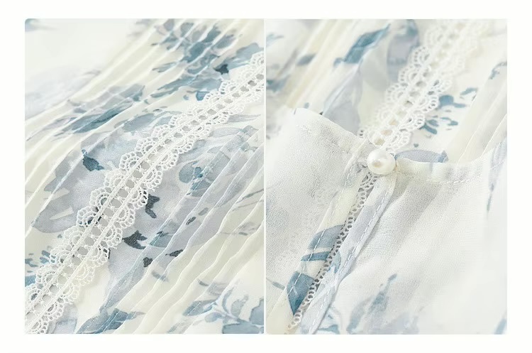 Chiffon Blouse and Cami 2-Piece   Women’s floral Printed Chinese Style Fashion Hollow Out Straight ruffles Shirt Camisole Tops for woman in blue Long sleeves round boatneck collar button-up lace ruffled semi-transparent flowers shirts with spaghetti straps tank top  #143V57361X